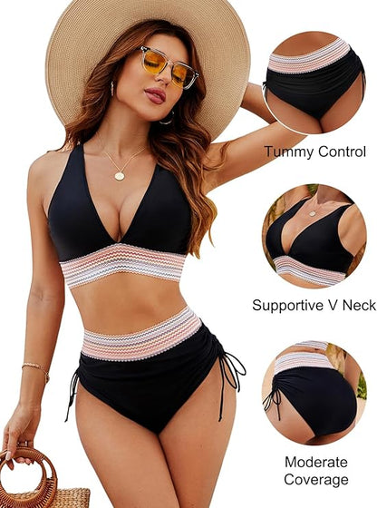 ✨Ny ankomst✨👙Bikinisett med høy midje og fargeblokker for magekontroll