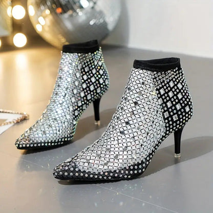 Spisse høye hæler i mesh med rhinestone og glitter
