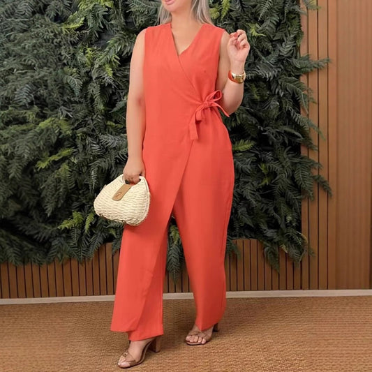 Ensfarget, uformell jumpsuit med V-hals og knyting for kvinner