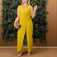 Ensfarget, uformell jumpsuit med V-hals og knyting for kvinner