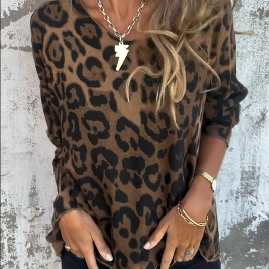 Damenes Leopardprint T-skjorte med Rund Hals og Stretch