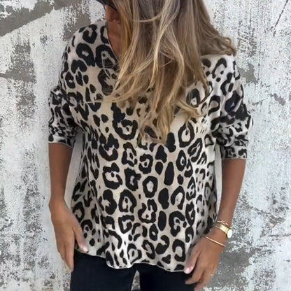 Damenes Leopardprint T-skjorte med Rund Hals og Stretch