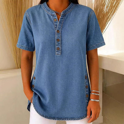 Pustende casual topp med denimlook for kvinner